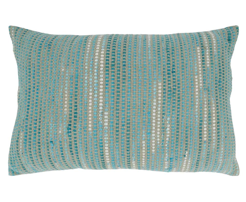 Blue and aqua woven cotton lumbar pillow with slim stripes that create a lively, textured surface.
