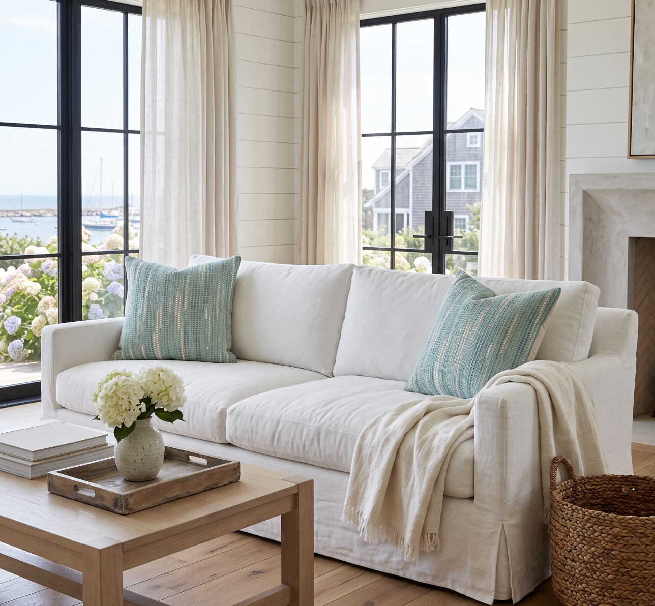 Aqua blue woven stripe pillow that brings a bright, beachy touch to couches, chairs, or daybeds.