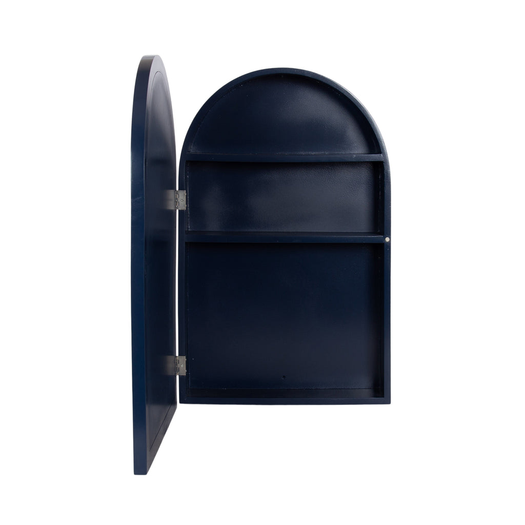 Blue arched mirror for modern coastal decor with a rich navy architectural frame