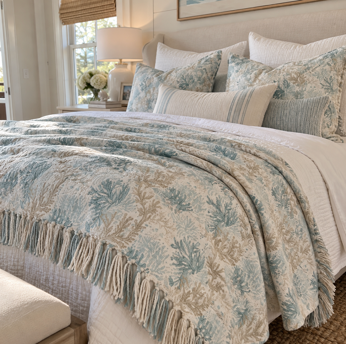 Blue and beige coastal woven blanket featuring a delicate botanical coral pattern.
