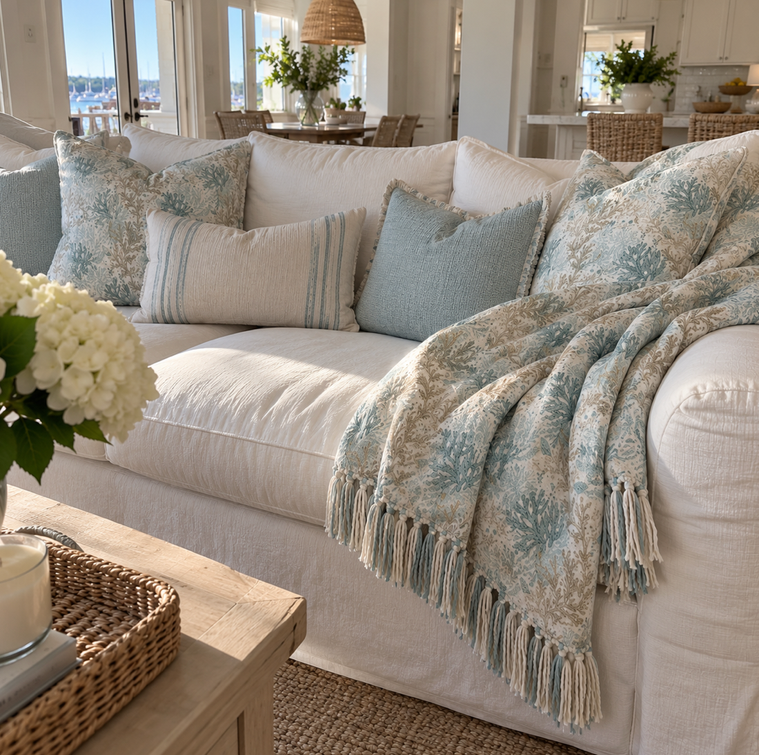 Blue and beige woven blanket featuring a coastal coral-inspired pattern.
