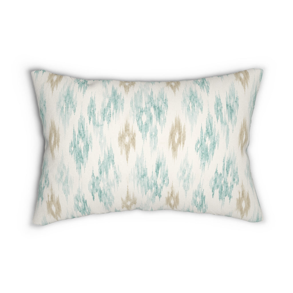 Soft aqua ikat print lumbar pillow designed for serene coastal bedrooms and relaxed lounge spaces