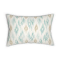 Soft aqua ikat print lumbar pillow designed for serene coastal bedrooms and relaxed lounge spaces