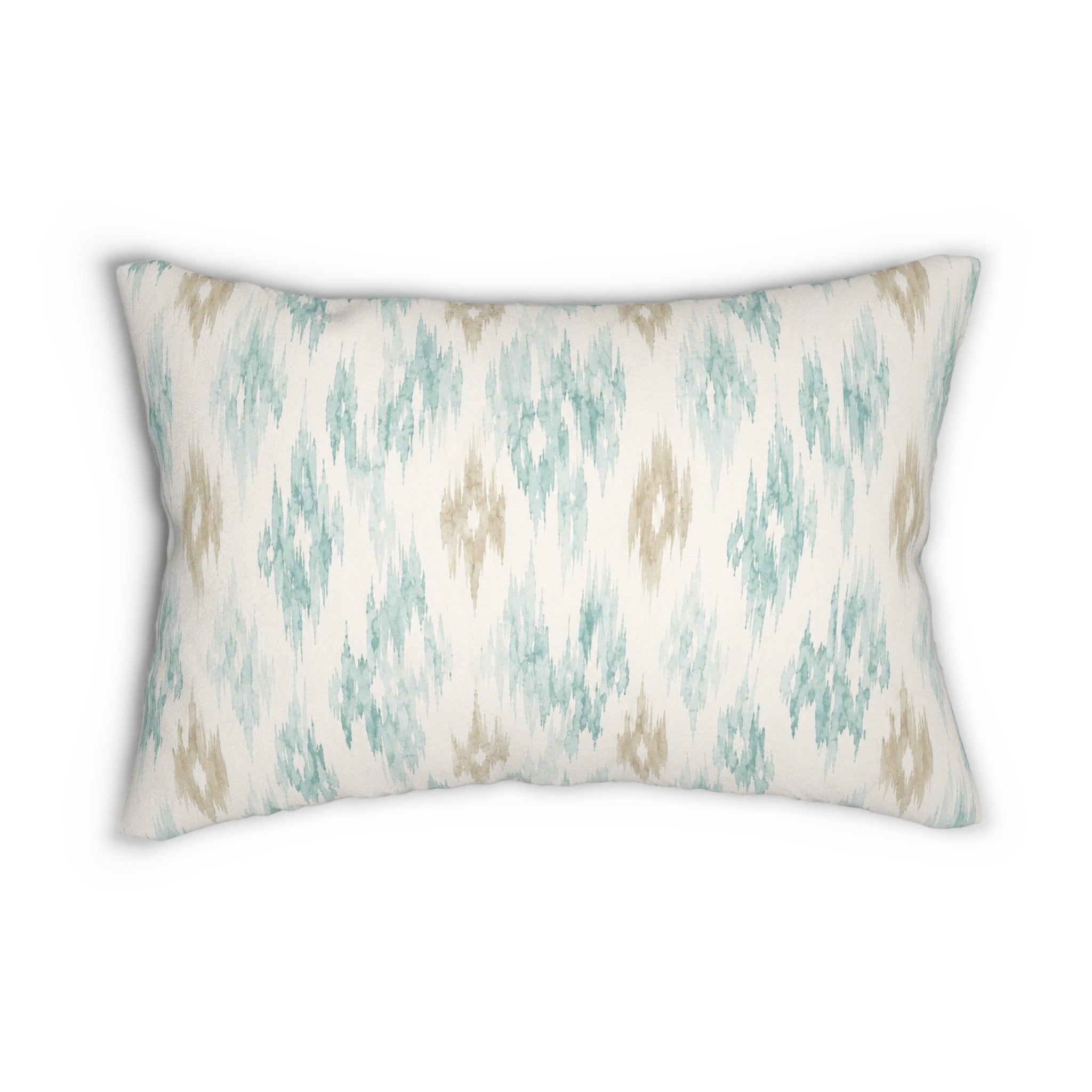 Soft aqua ikat print lumbar pillow designed for serene coastal bedrooms and relaxed lounge spaces