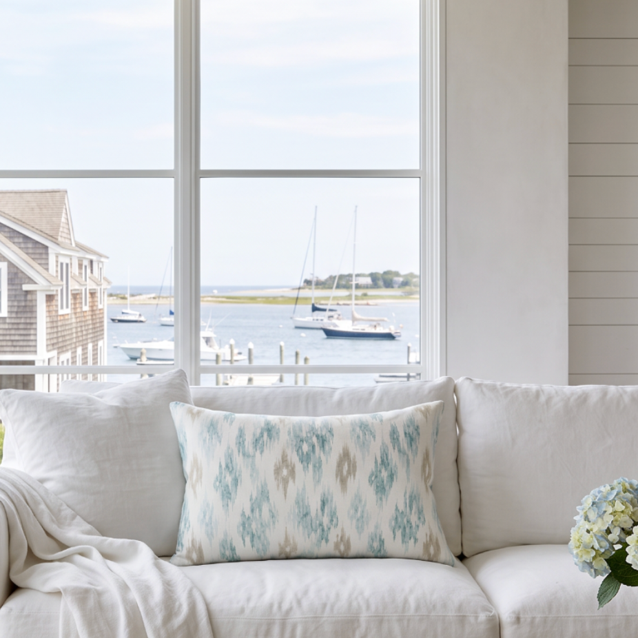 Neutral coastal ikat pattern lumbar pillow in soft blue and beige tones for beach house couch or sectional