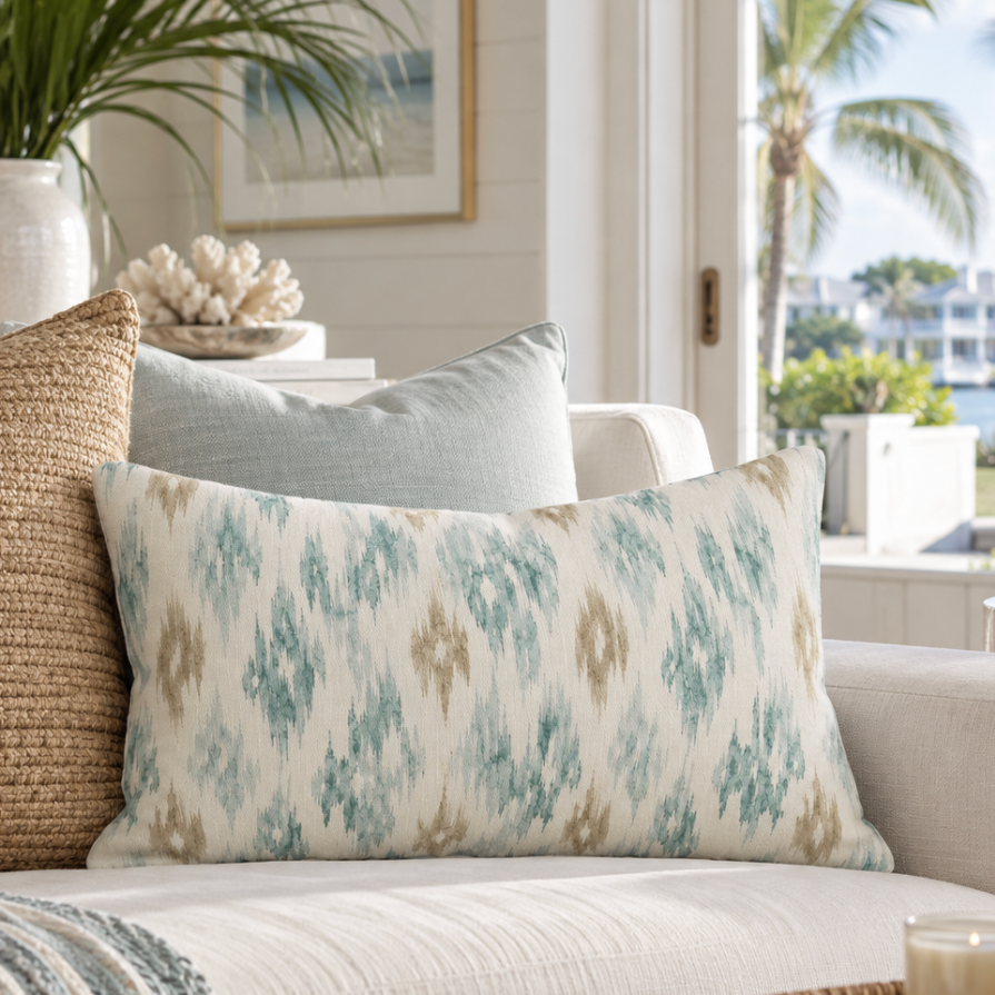 aqua blue and beige coastal ikat lumbar pillow on a white sofa