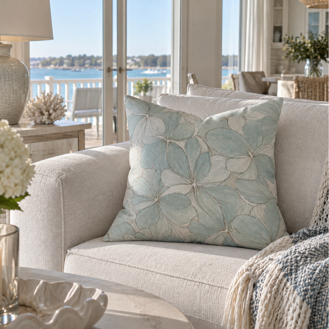 Blue botanical throw pillow with an allover hydrangea floral pattern