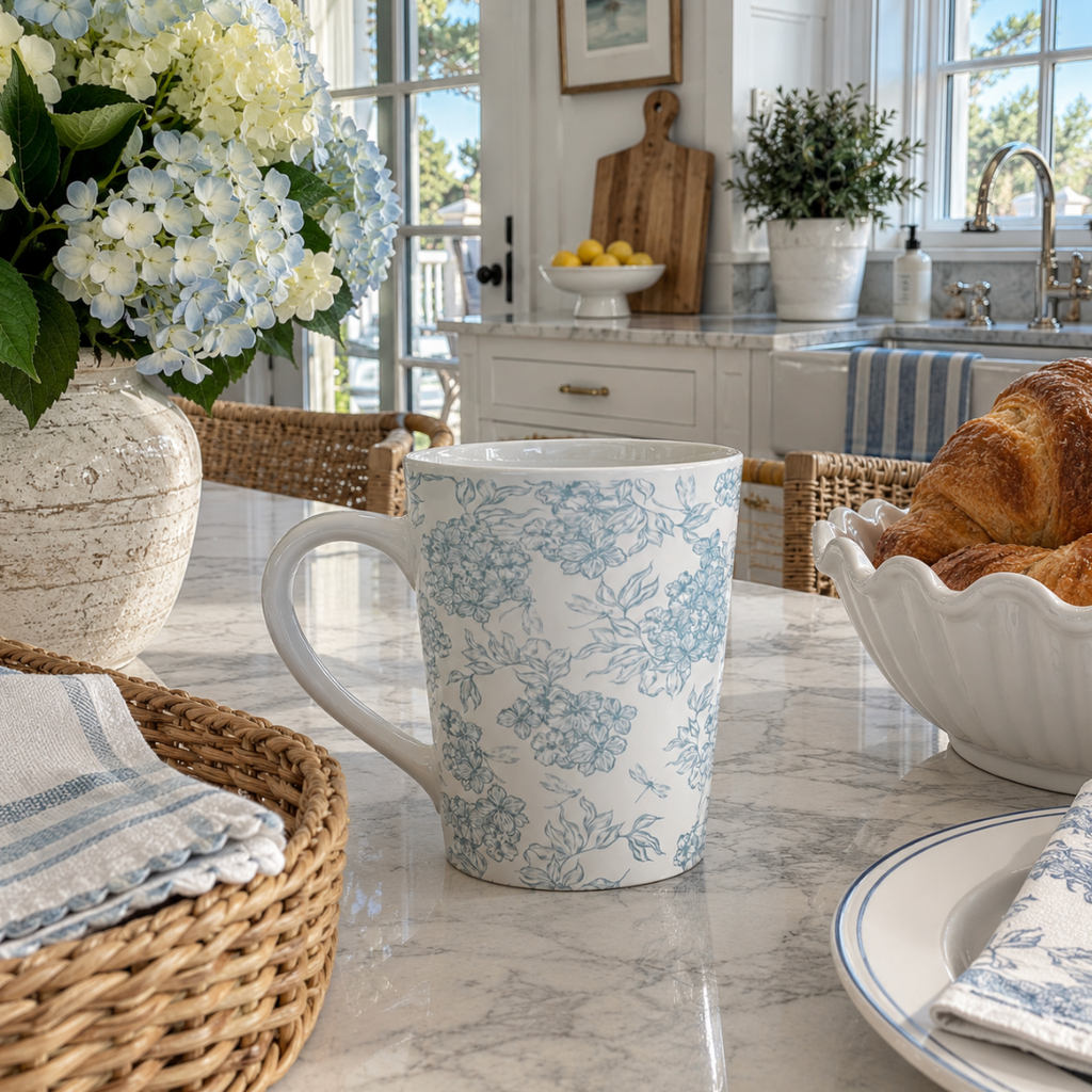 Blue and white botanical floral mug for home decor