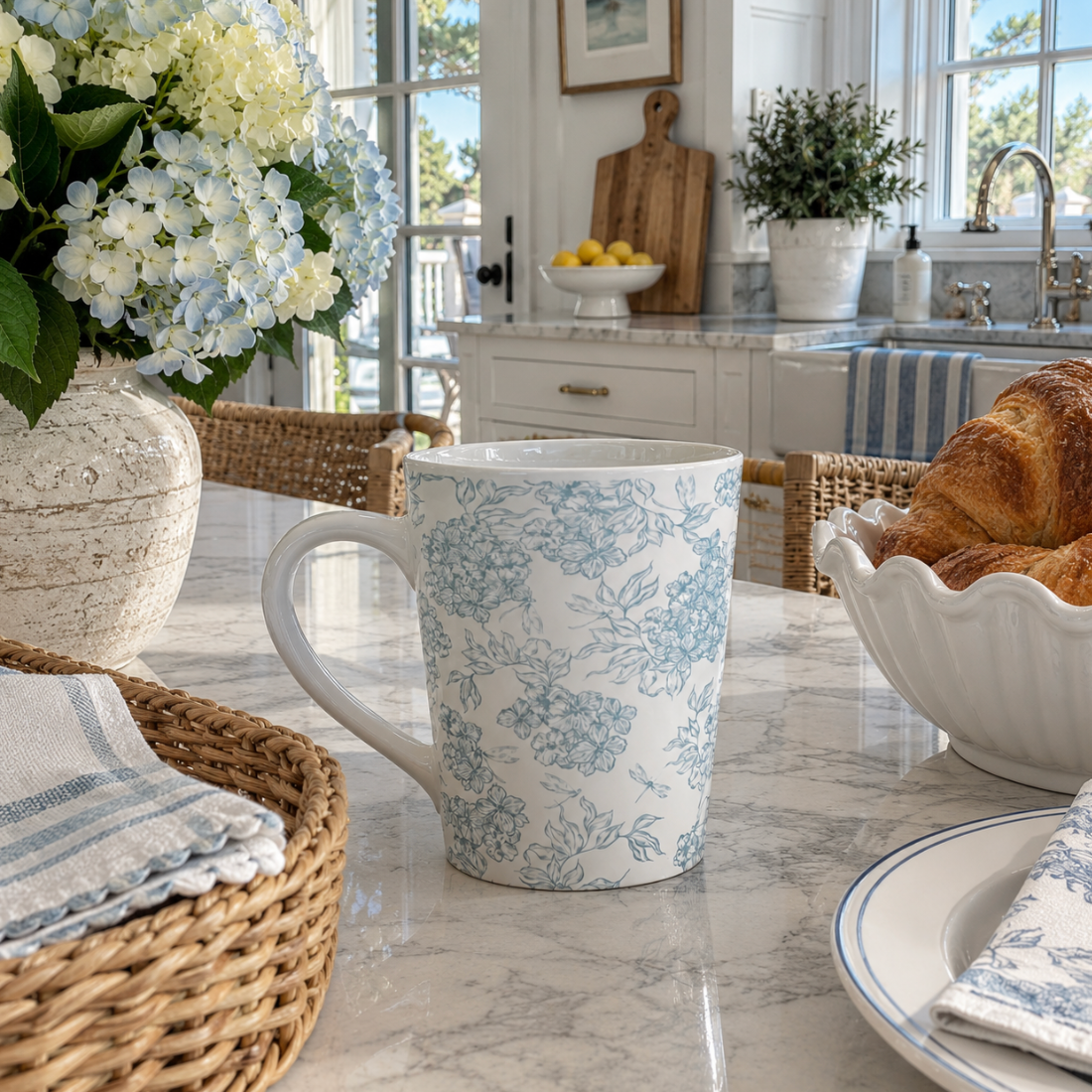 Blue and white botanical floral mug for home decor