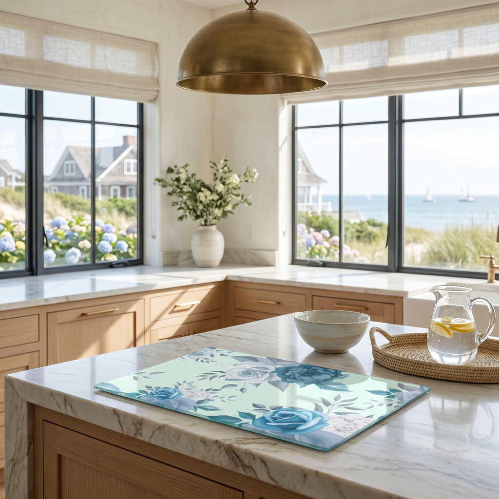 Blue botanical floral design glass serving board used for appetizers and charcuterie at a coastal dinner party.