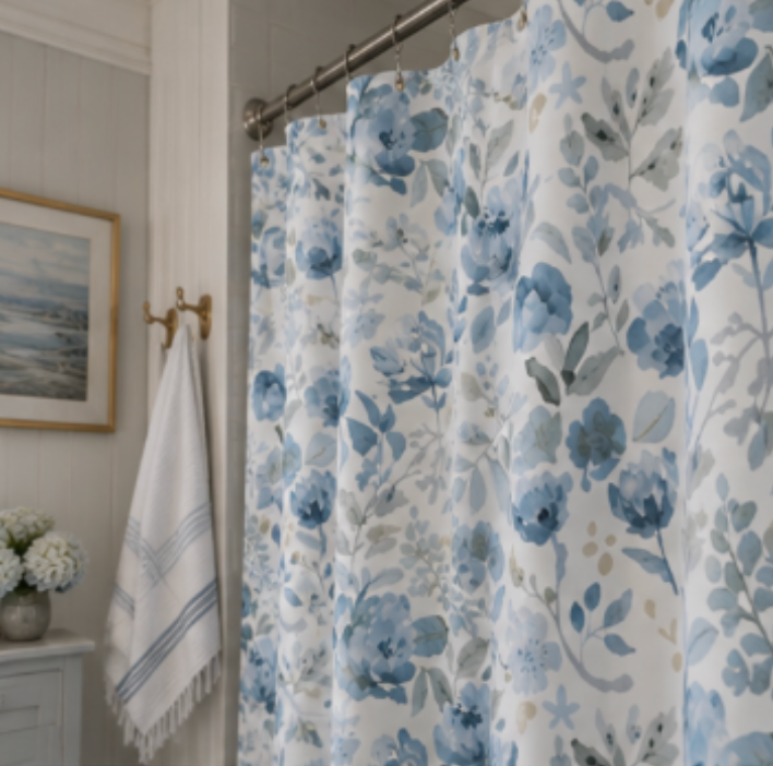 Blue botanical floral shower curtain for a beach house bathroom