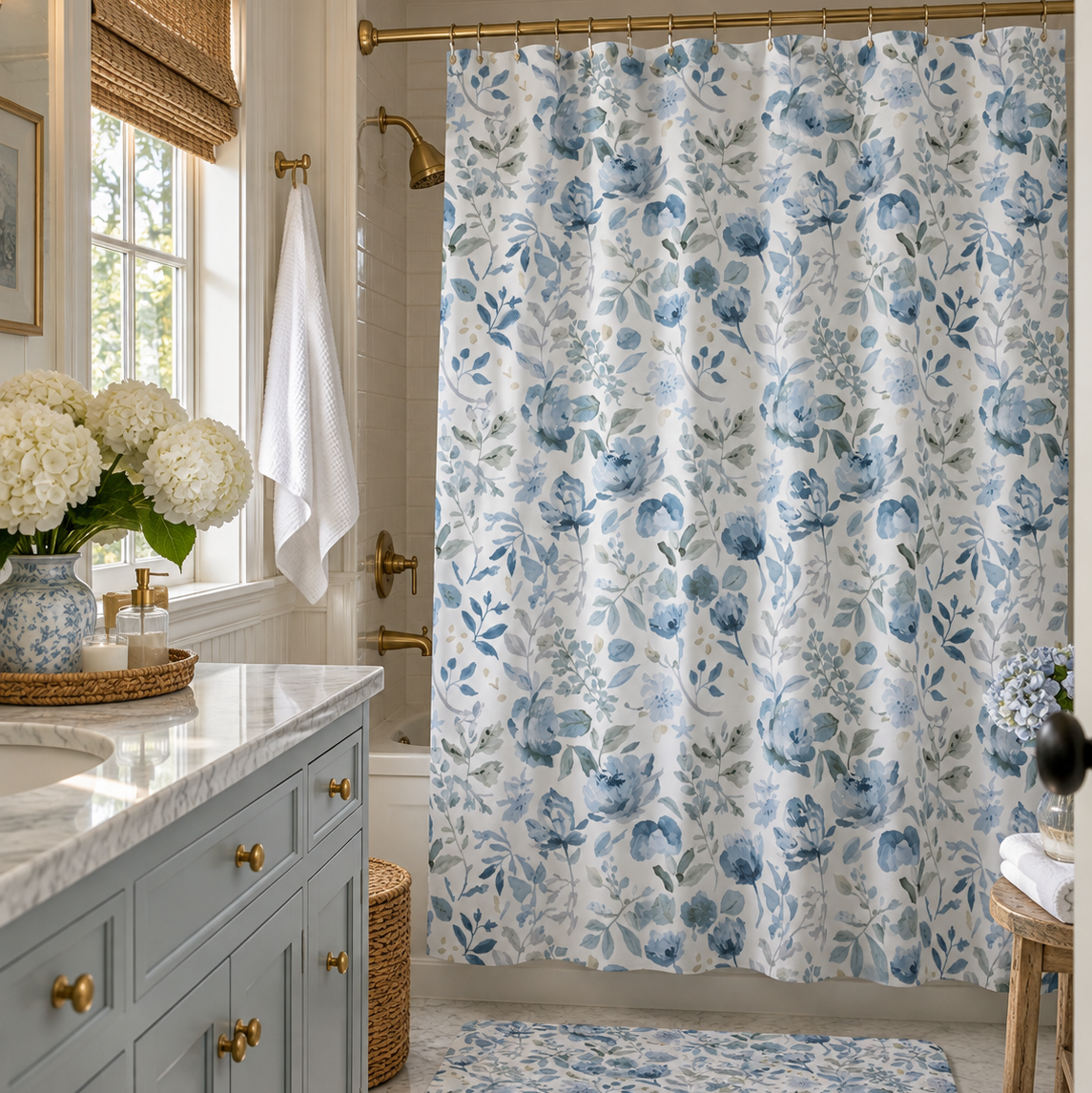 Blue botanical shower curtain for coastal home decor
