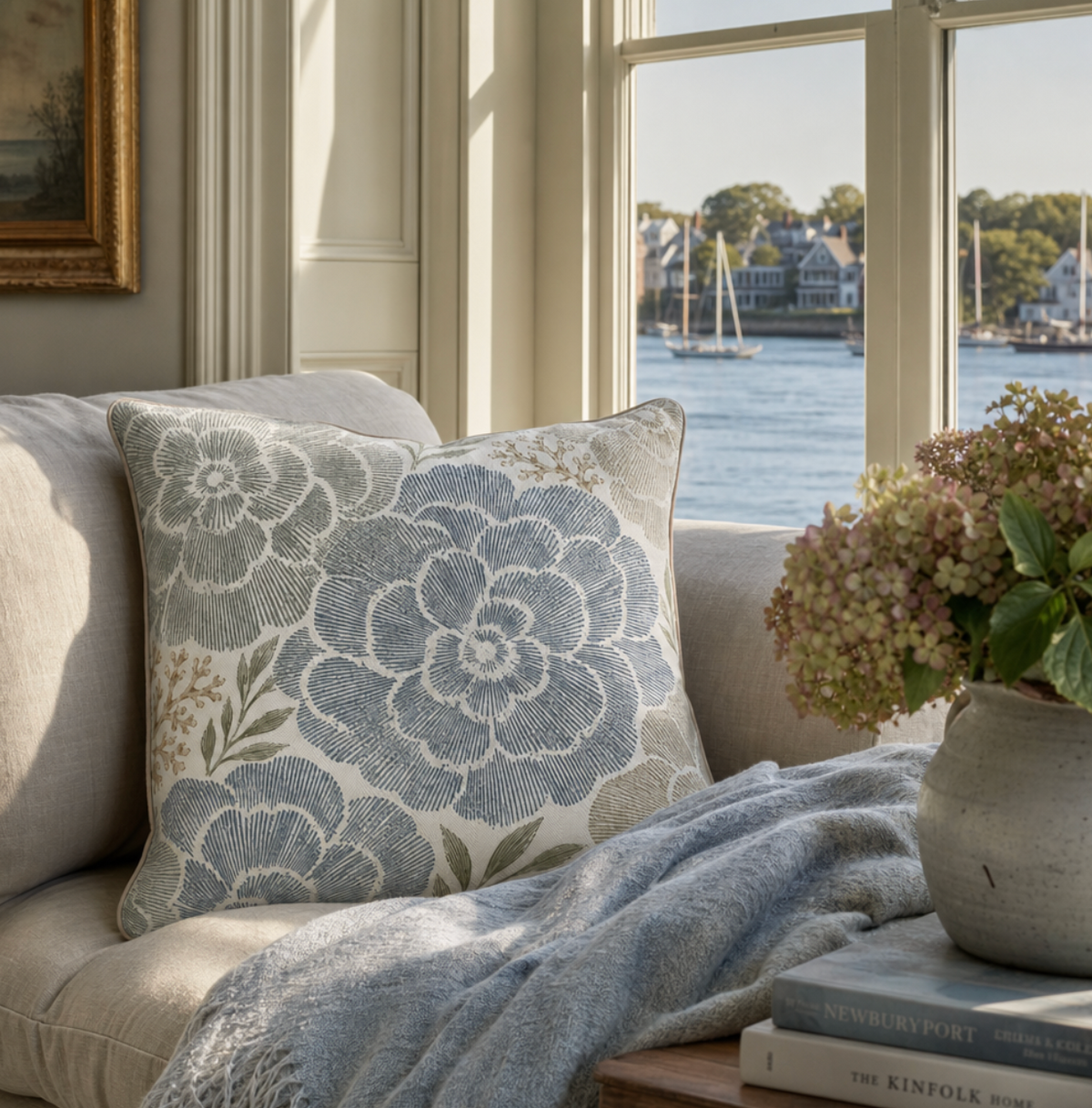 Blue botanical throw pillow for elegant coastal home decor with a soft neutral background
