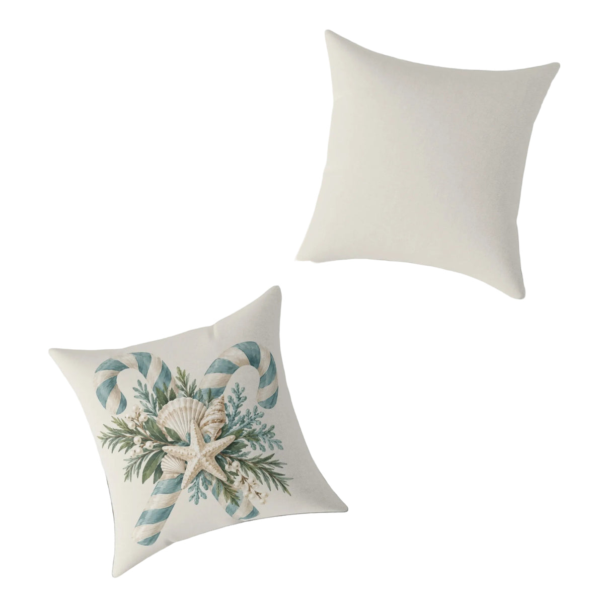Soft blue and ivory candy cane Christmas pillow with a starfish, scallop shell, and pearl berries, ideal for coastal holiday decor