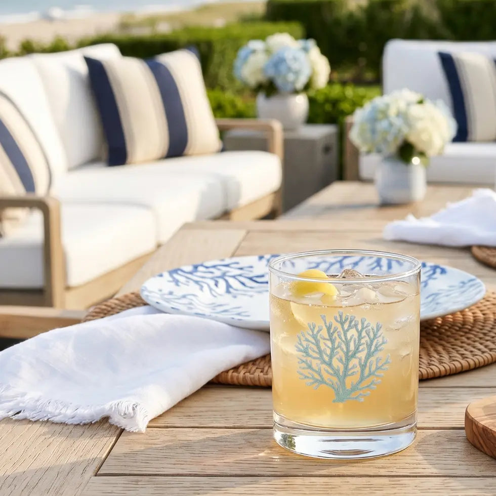 Teal coral cocktail glass for coastal barware and beach house entertaining.