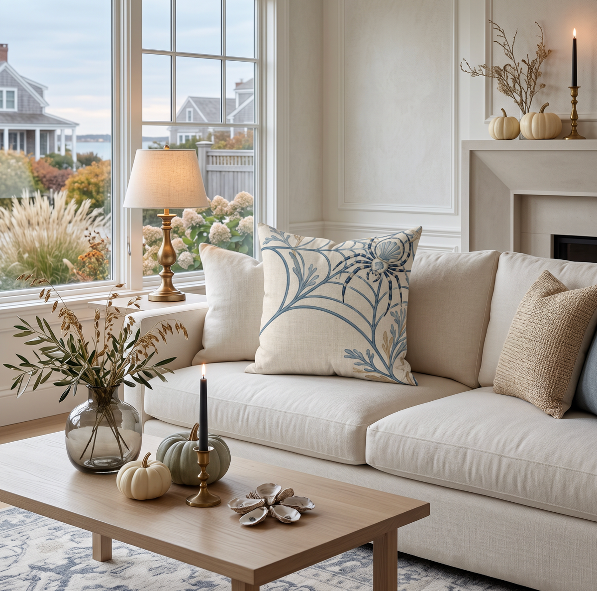 Blue coastal spider decorative pillow with a shell-inspired spider body and flowing seaweed web design