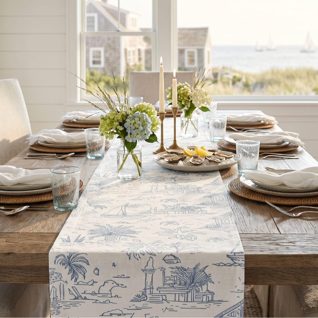 Coastal blue toile pattern table runner on a natural wood dining table with neutral place settings