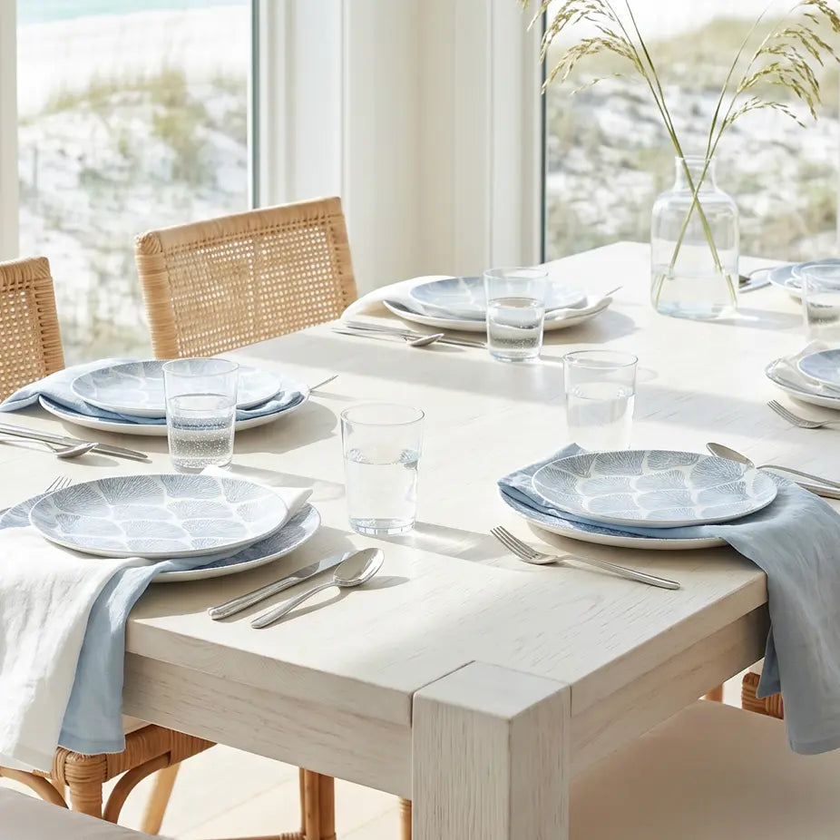 Blue coral dinner plates with coastal ocean-inspired design