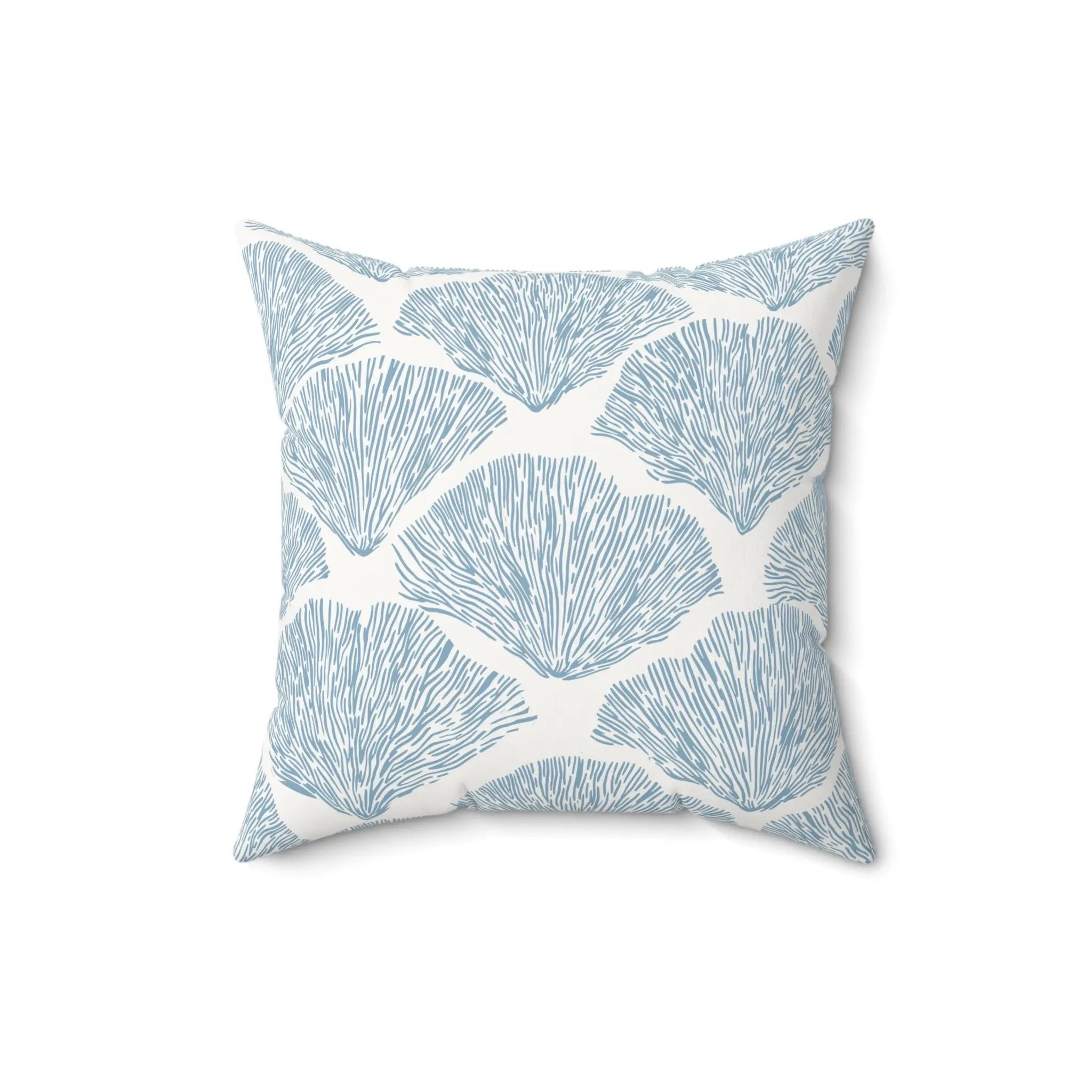 Closeup of blue coral pattern throw pillow showing detailed coral design