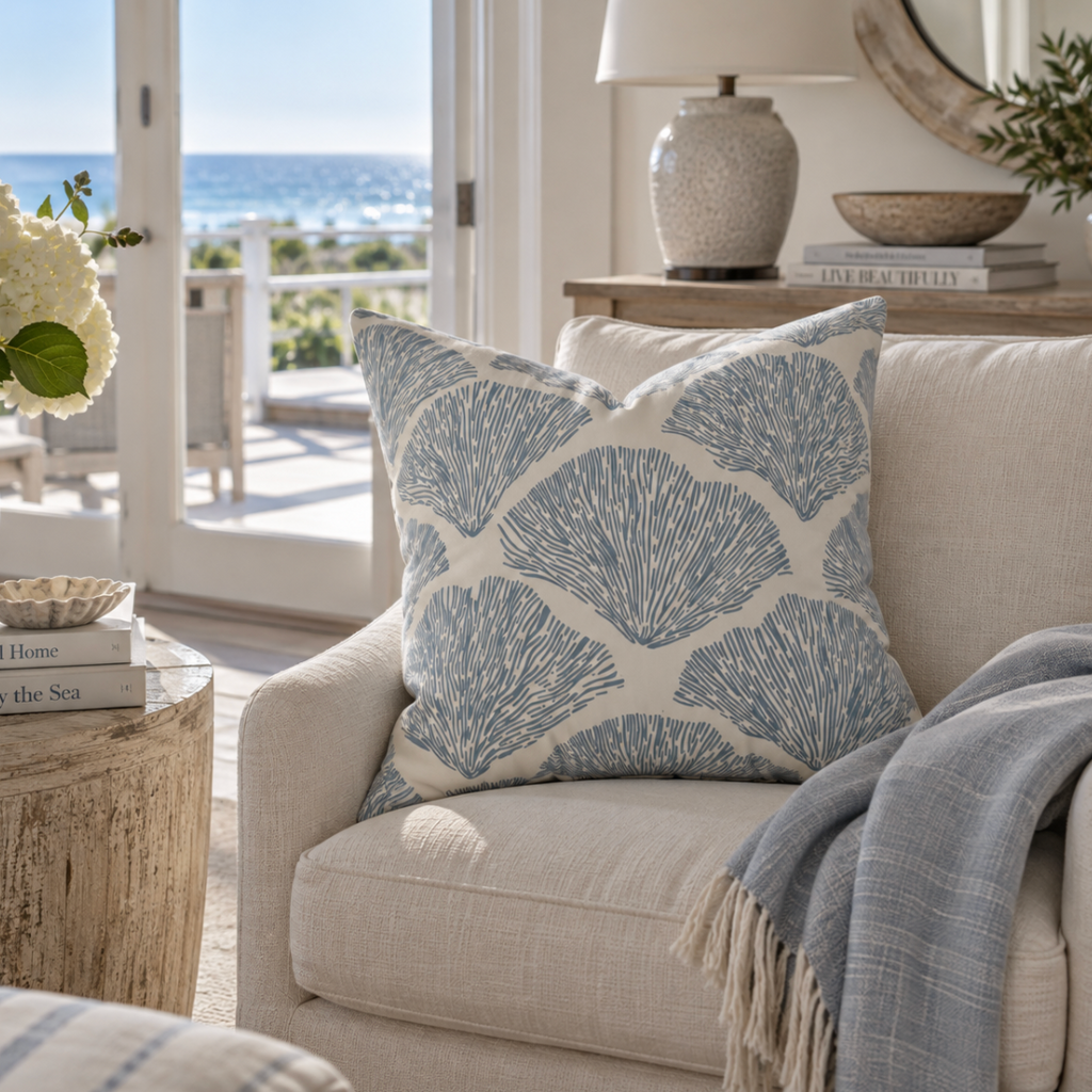 Blue throw pillow featuring a coral pattern for elegant coastal home décor.