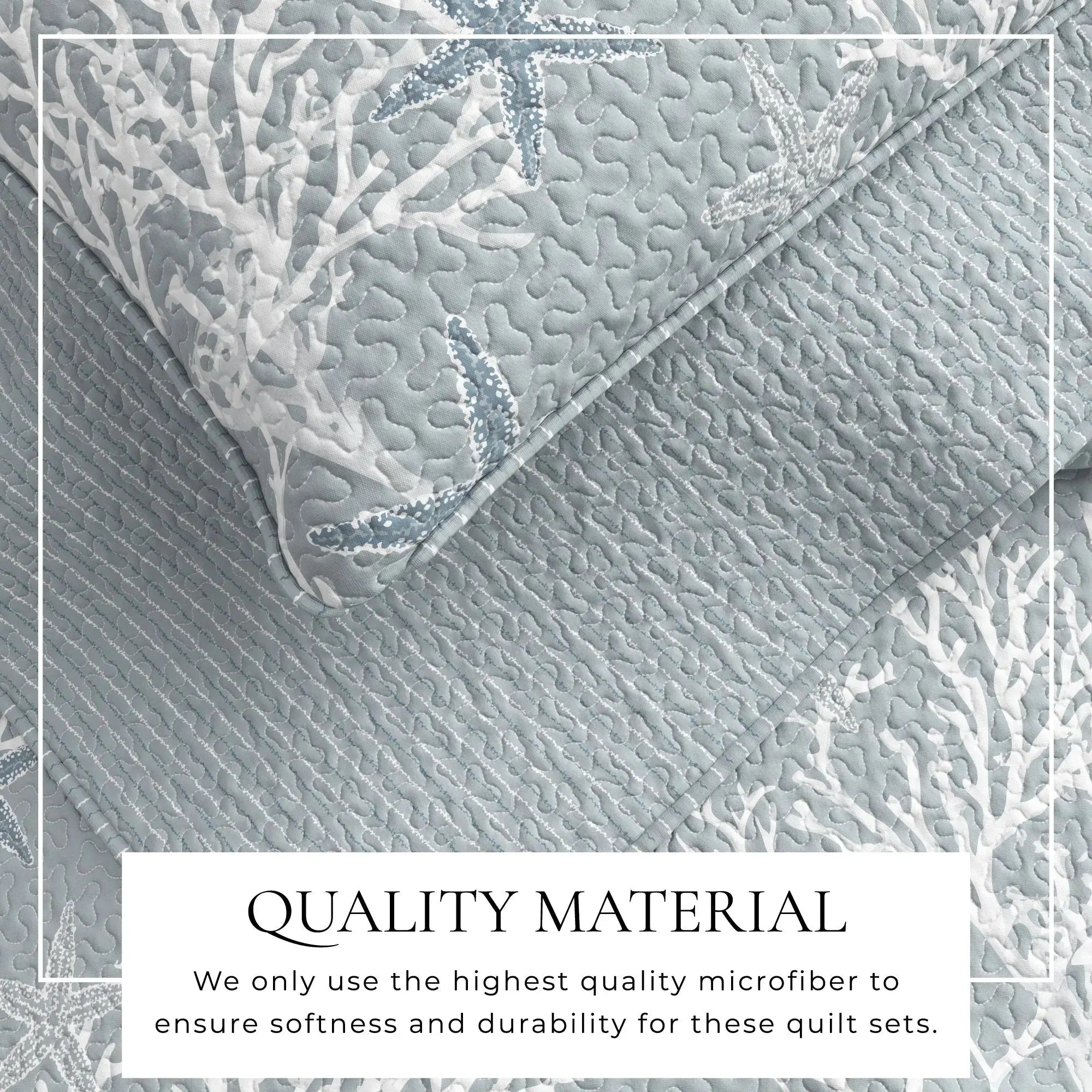 Blue coral quilt set on a bed in a modern coastal farmhouse bedroom