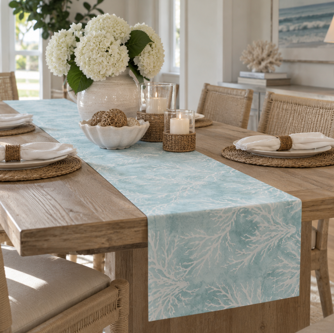 Blue coral reef table runner for beach house home decor