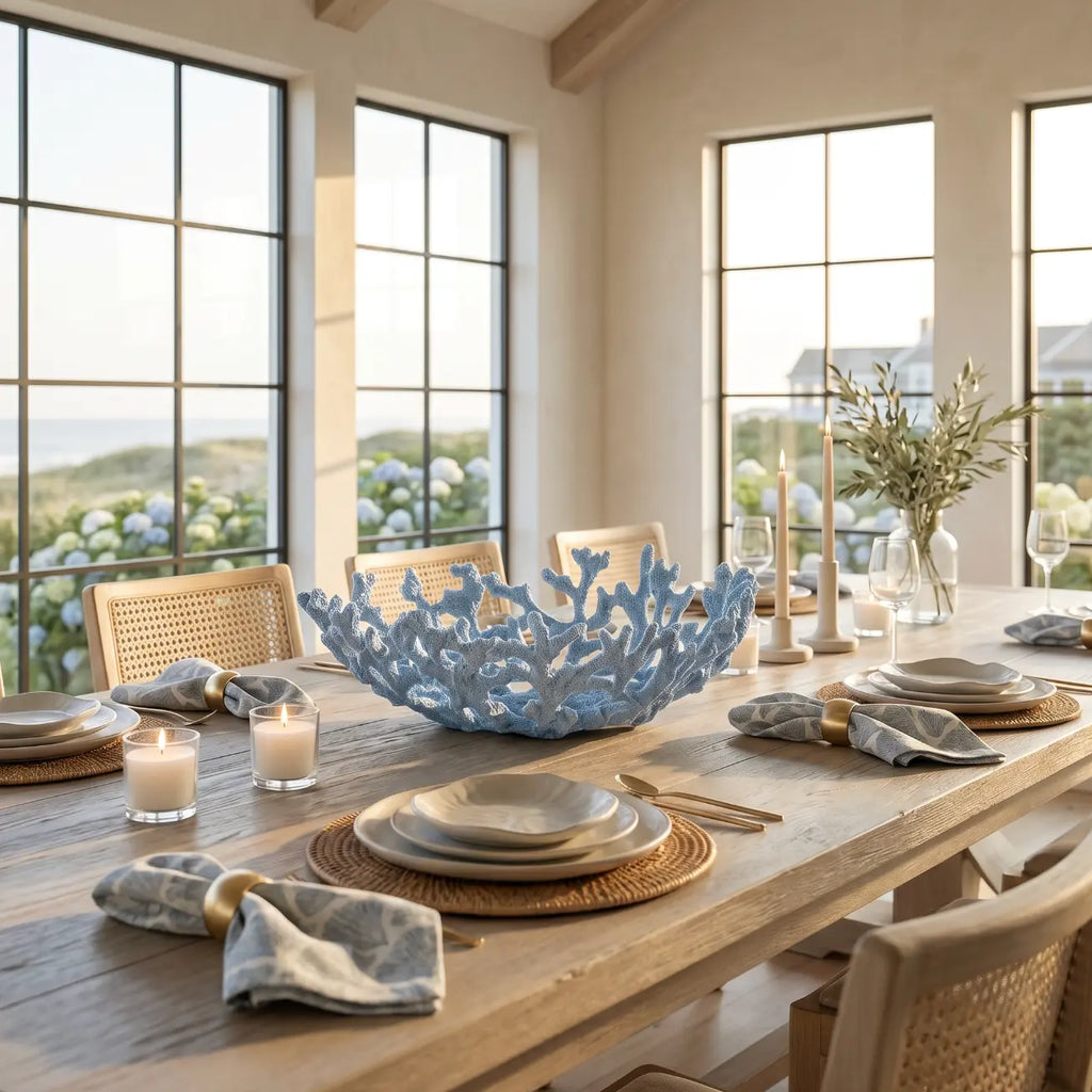 Coastal luxe blue coral resin bowl styled on a dining table as a centerpiece.