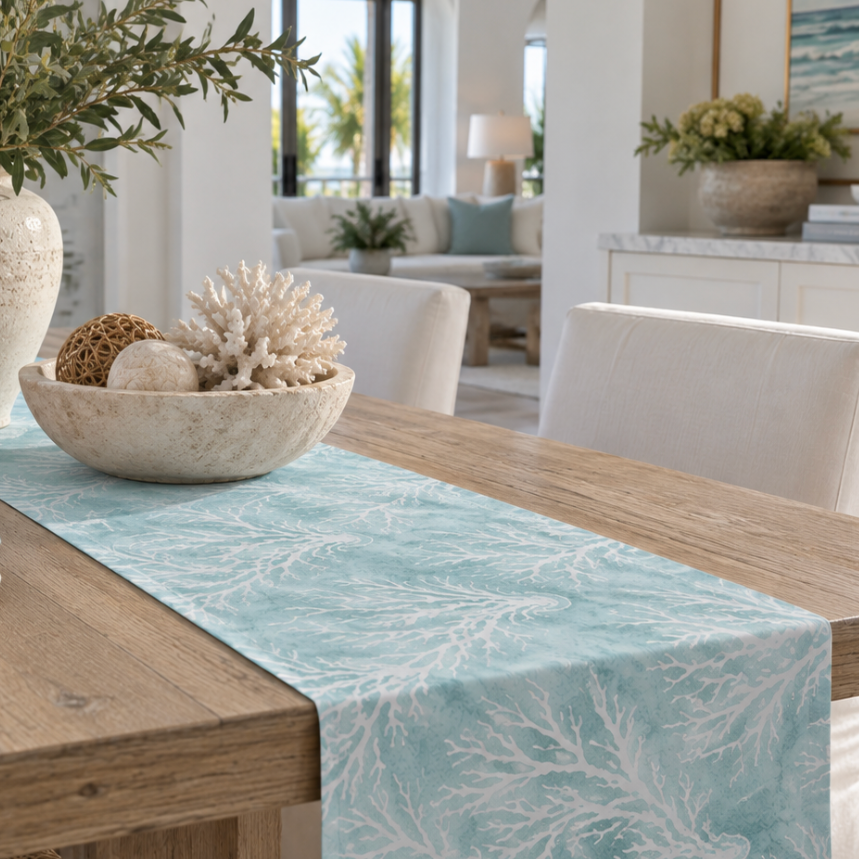 Light blue coral table runner styled on a coastal dining table