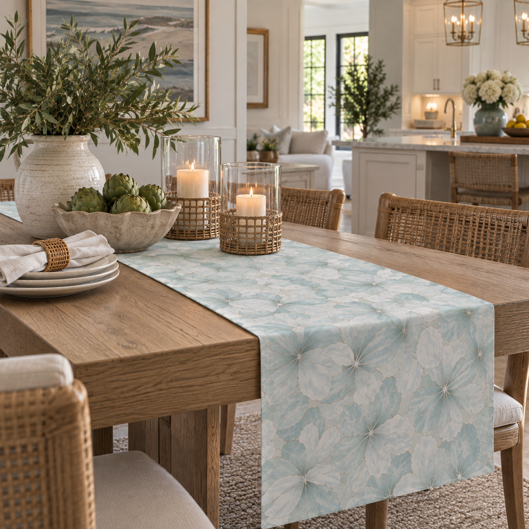 Blue and cream floral coastal table runner for an elegant neutral dining room