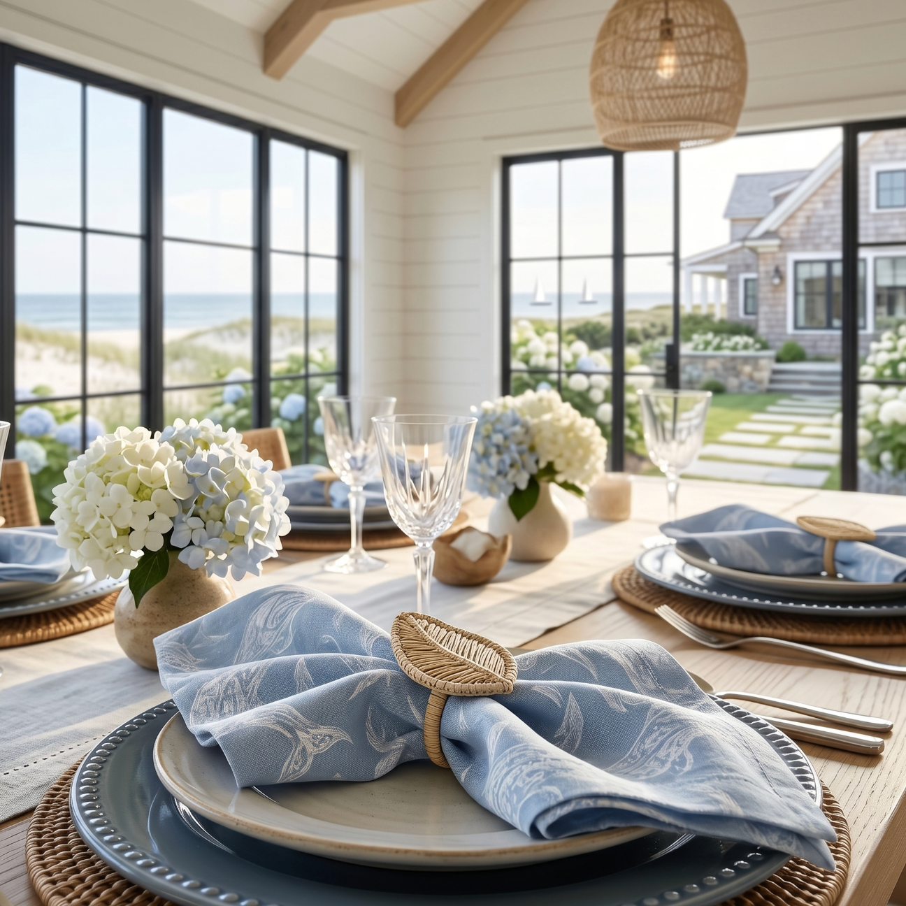 Coastal dolphin linen cloth napkins set of 4 arranged on a wooden table with seashell decor