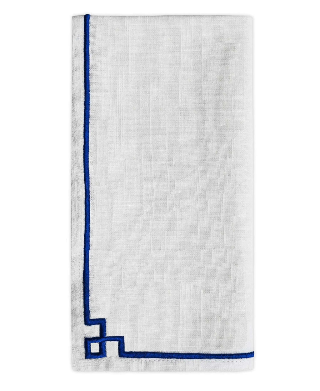 Closeup of blue embroidered cloth napkins set of four showing stitched detail.