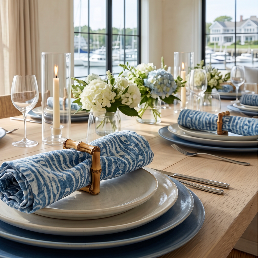 Set of 4 fish pattern linen dinner napkins folded on a coastal style dining table