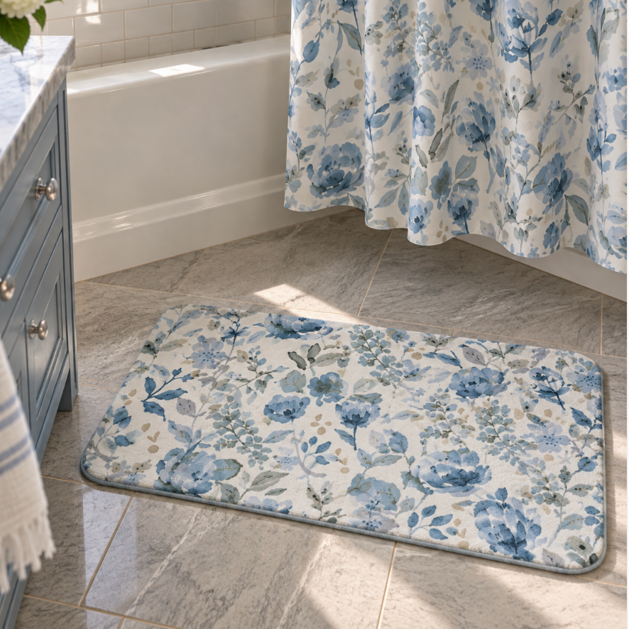 Blue floral bath mat for coastal cottage bathroom decor