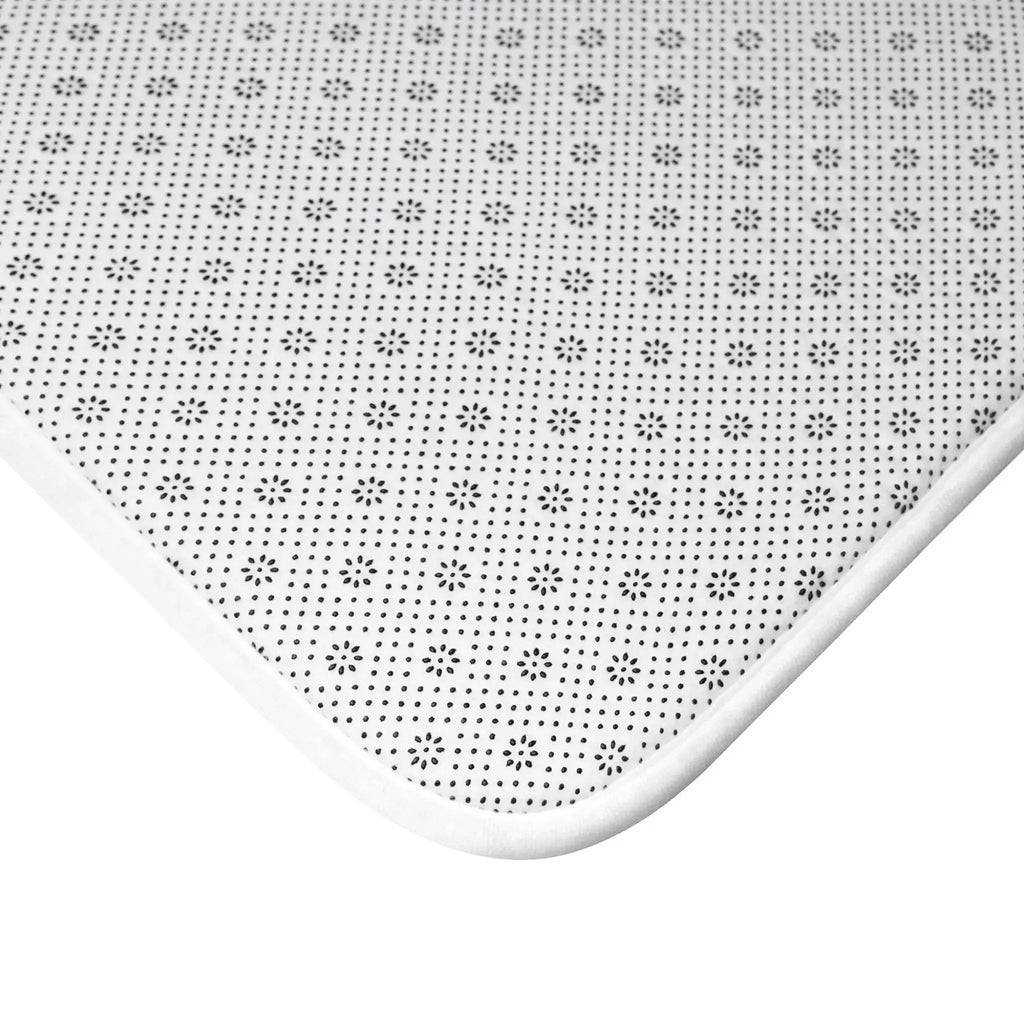 Non-slip backing detail on blue floral bath mat