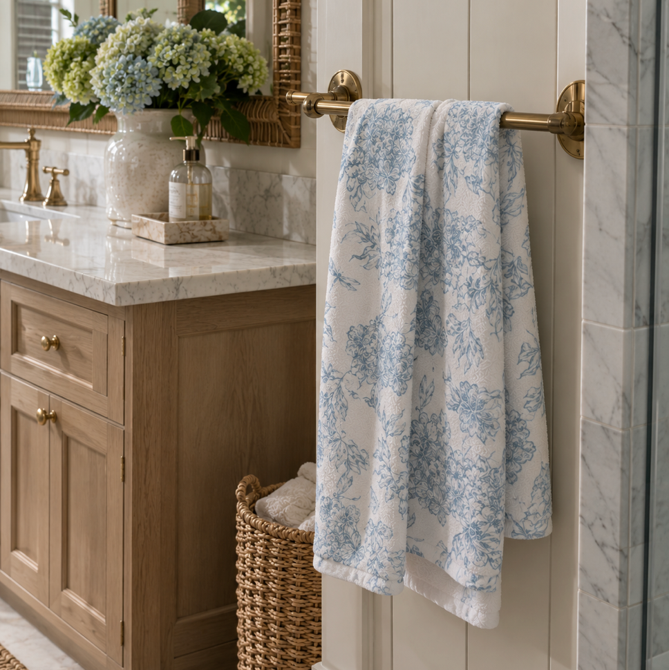 Blue floral bath towel styled in a modern coastal bathroom