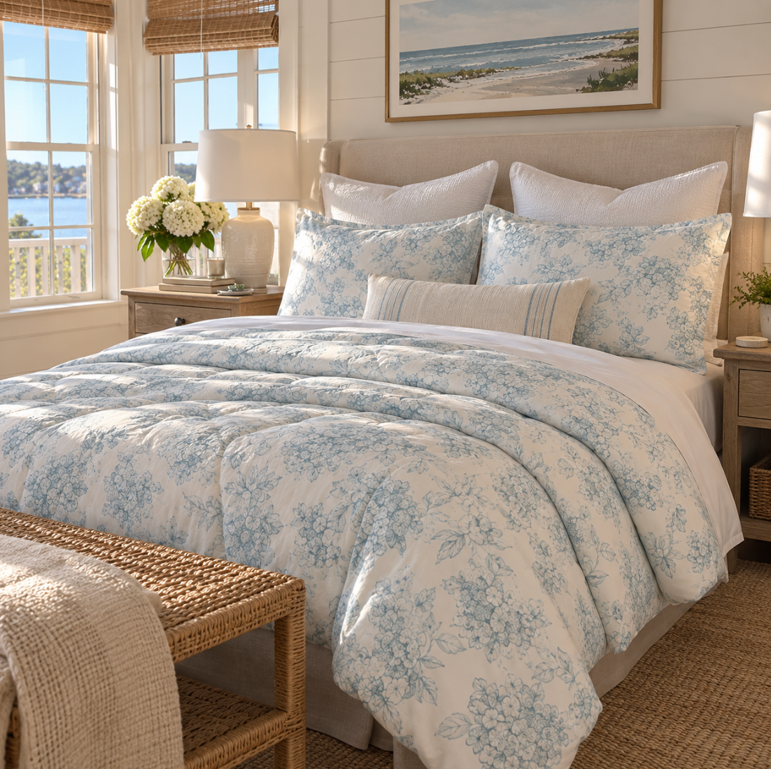 Blue floral comforter styled in a sophisticated beach house bedroom.