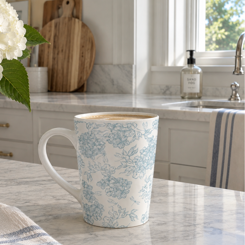 Blue and white botanical floral mug for home decor
