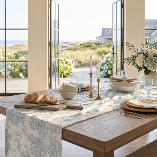 Classic blue floral table runner that works for both casual family dinners and formal occasions.