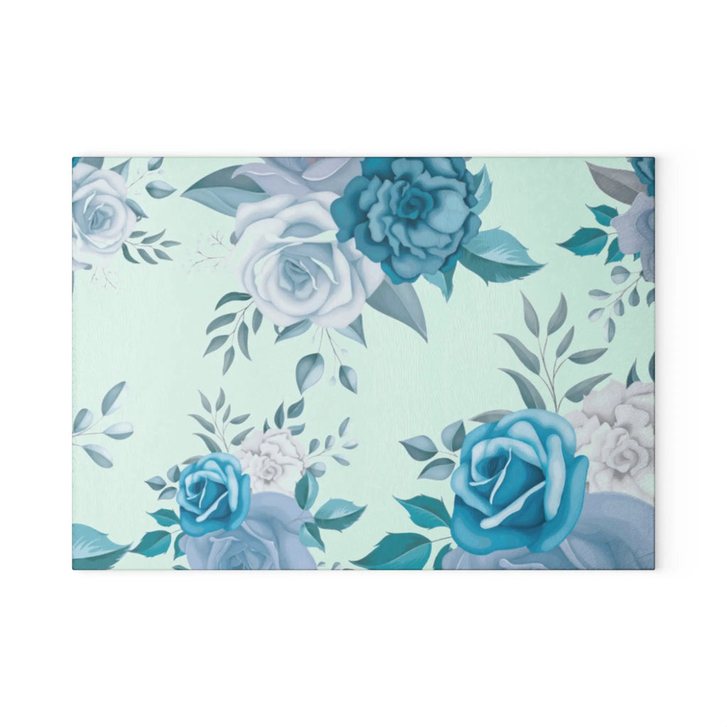 Blue Floral Glass Cutting Board featuring teal blue and white roses on a pale mint background.
