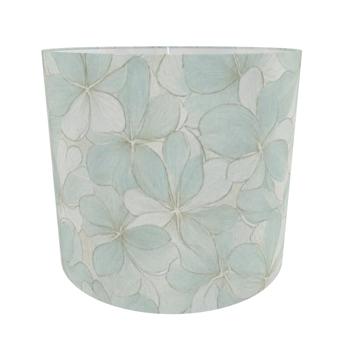 Blue floral drum shade with an oversized hydrangea pattern for a relaxed coastal living room