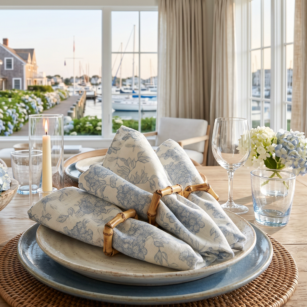 Blue and white flower print linen cloth napkins set of four styled for a beach house table setting