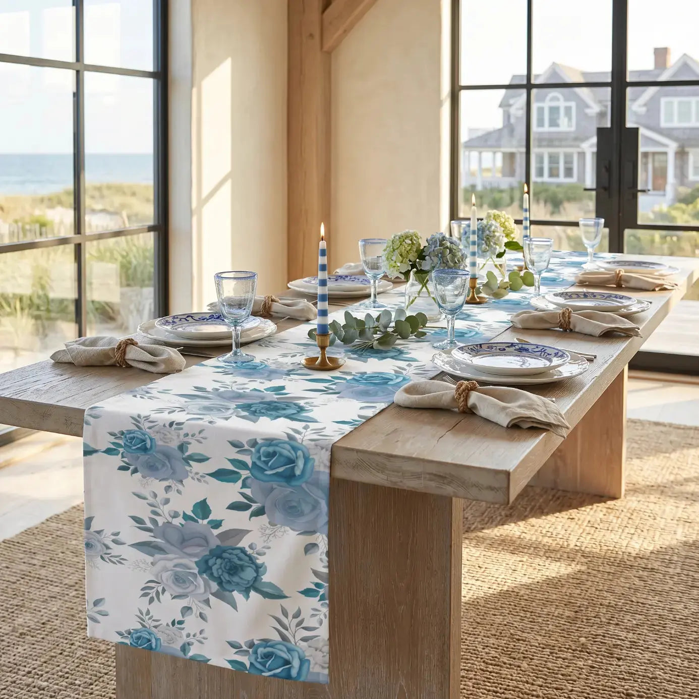 Blue floral table runner on a light wood farmhouse table in a beach house