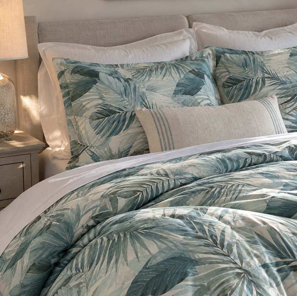 Blue and gray tropical comforter styled in a serene beach house bedroom.