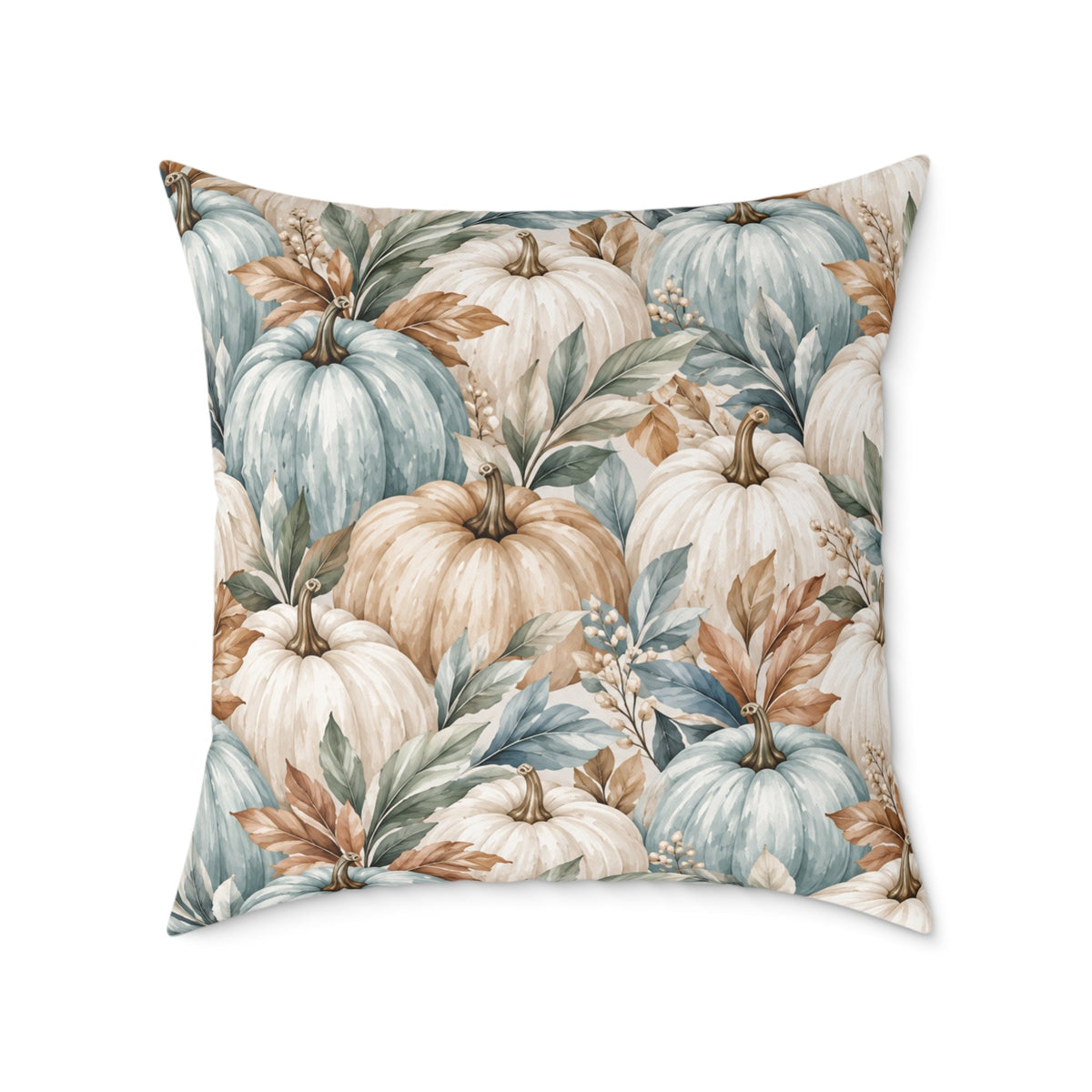 Blue-gray pumpkin fall cushion with cream gourds and warm natural foliage