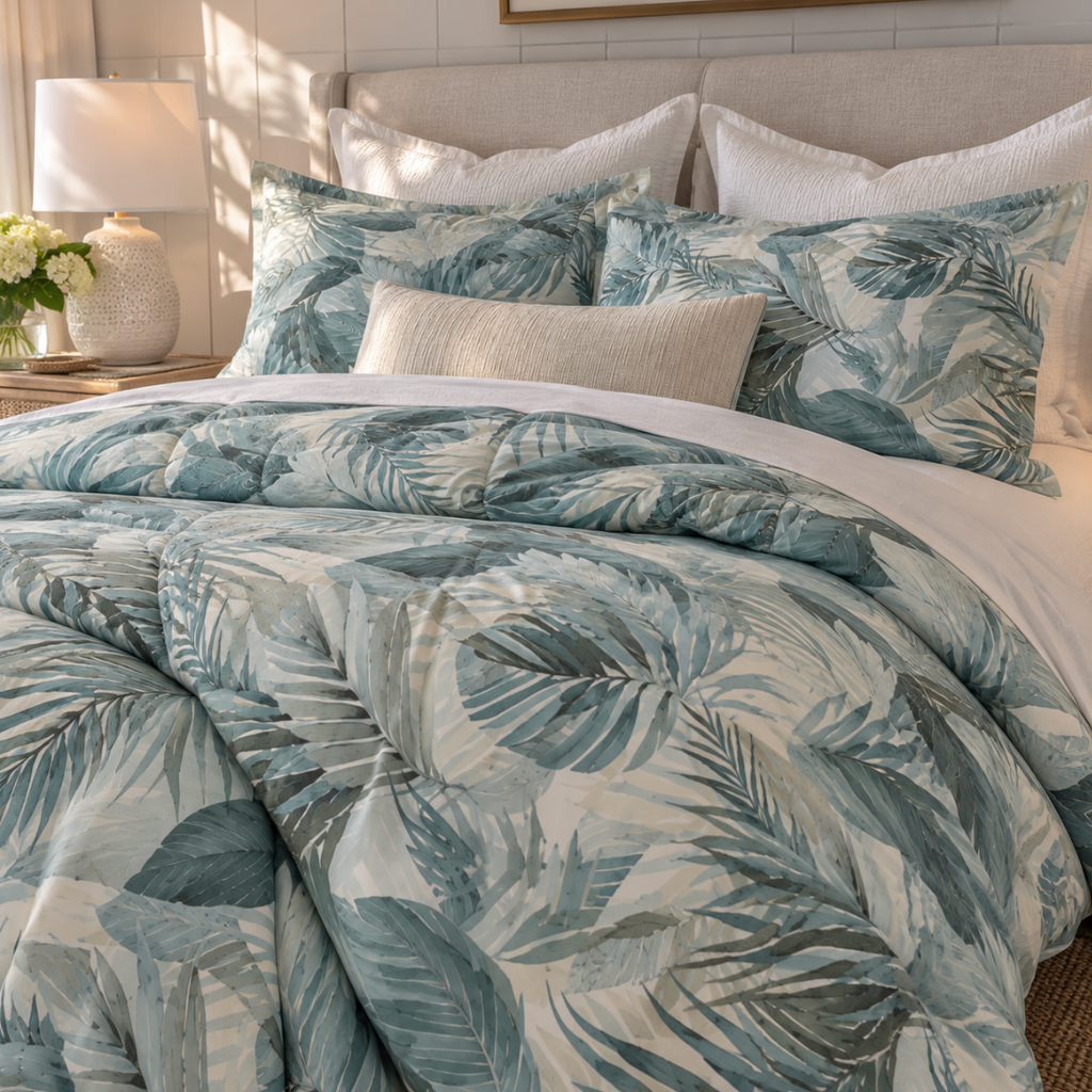 Blue and gray tropical leaf comforter styled in a bright coastal bedroom.