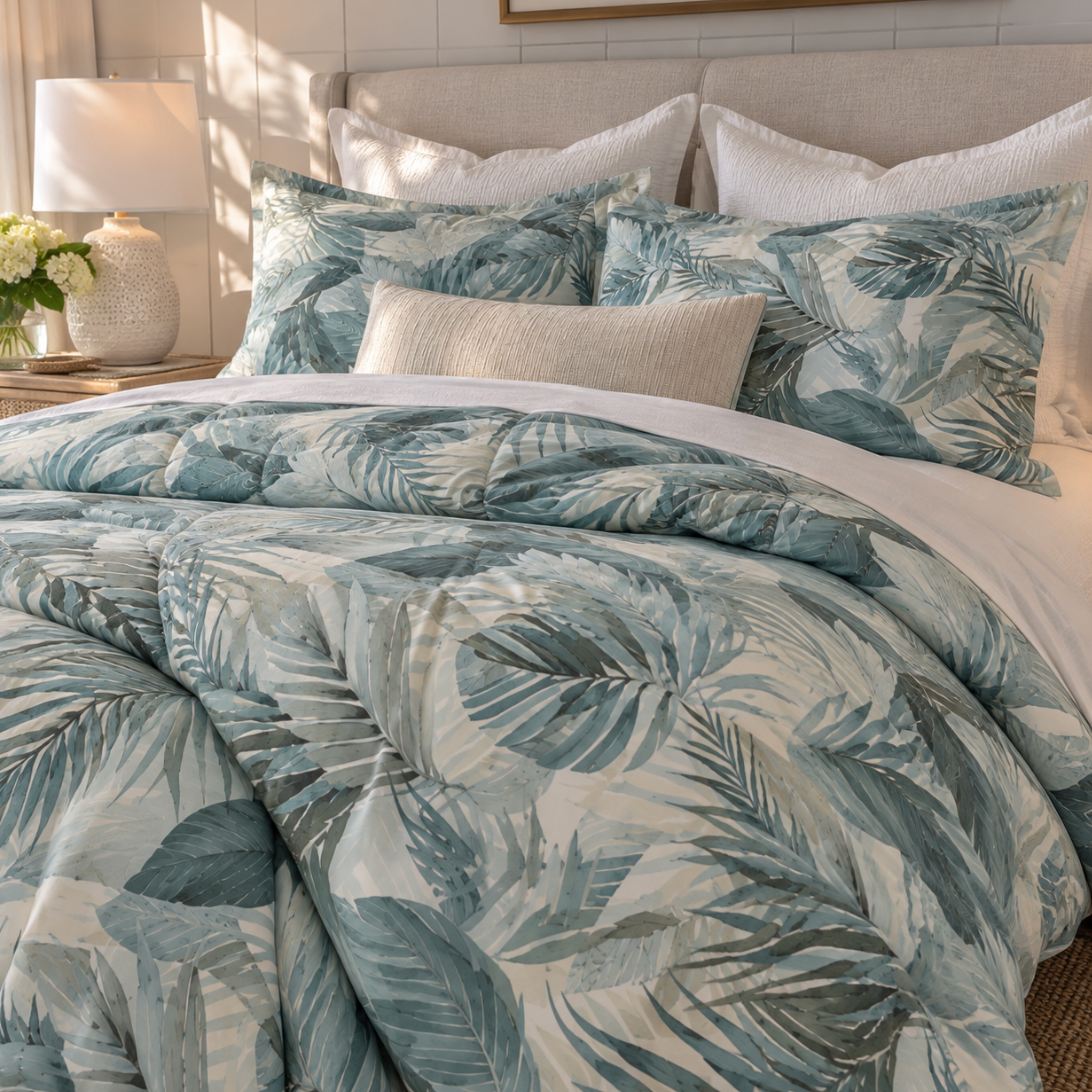 Blue and gray tropical leaf comforter styled in a bright coastal bedroom.