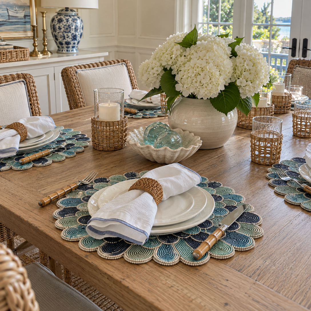 Blue and green beaded placemats for beach house dining decor