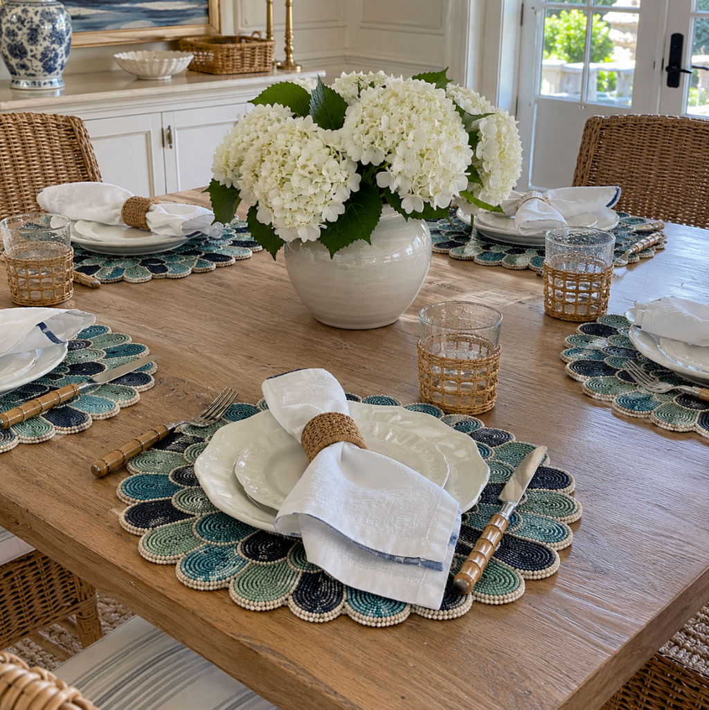Blue and green beaded placemats for elegant coastal table decor