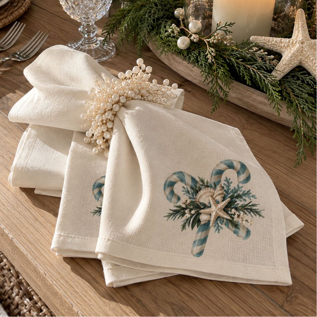Blue-green candy cane Christmas napkin design with seashells, starfish, and festive greenery on textured ivory fabric.