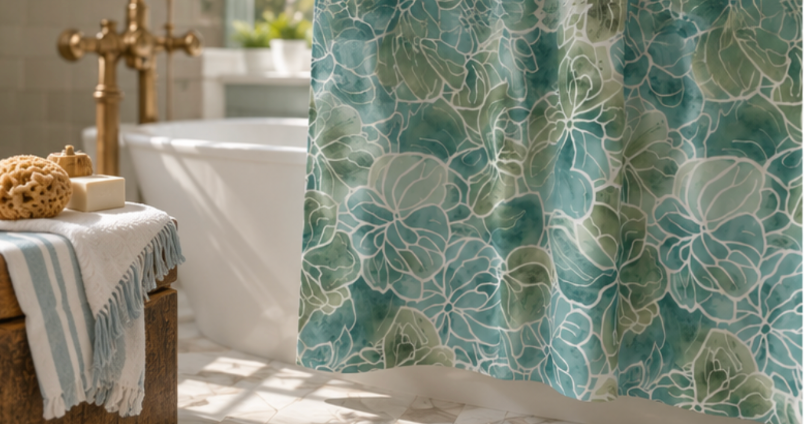 Blue and green coastal shower curtain with a floral pattern